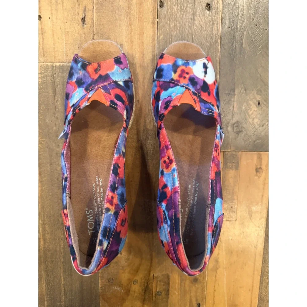 TOMS Calypso Floral Canvas Wedge Sandals Multi Color Peep Toe Espadrilles W 8.5